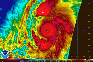 Hurricane Patricia: 200 mph winds, 880mb pressure (click to animate)